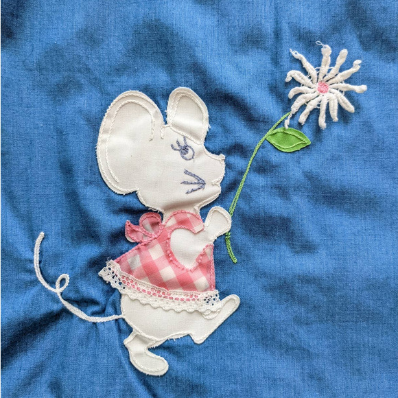 Vintage Girl's Jumper Dress Pink Gingham & Blue Cute Embroidered Mouse Detail - Picture 5 of 10
